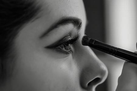 Close-up of a womans eye as makeup is applied with a brush, monochrome aestheticの素材