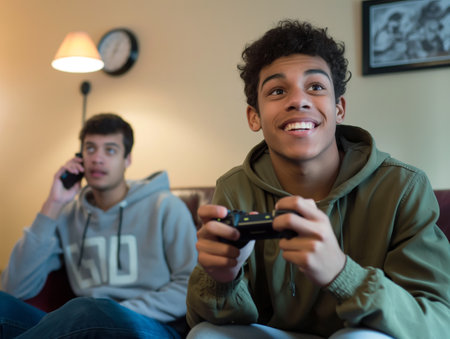 A joyful teenage boy playing video games with a controller while his friend talks on the phone in the background, capturing a casual, fun moment.の素材