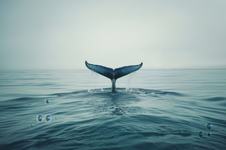 A humpback whale tail rising above calm ocean waters with a serene backdropの素材