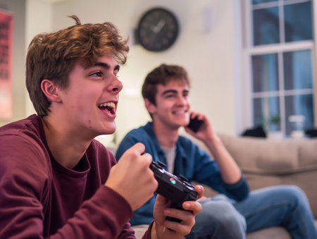 Two cheerful teenage boys enjoying a fun gaming session in a cozy living room.の素材