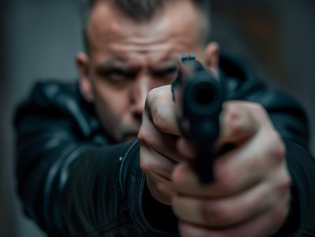 Close-up of a serious man aiming a handgun directly at the camera with selective focus on the firearm barrel.の素材