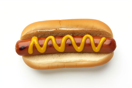 A close-up of a traditional hot dog with a squiggle of yellow mustard on top, isolated on a white backgroundの素材
