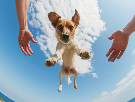An adorable dog leaps into the air to give a high-five against a blue sky backdrop, illustrating joy and companionship.の素材