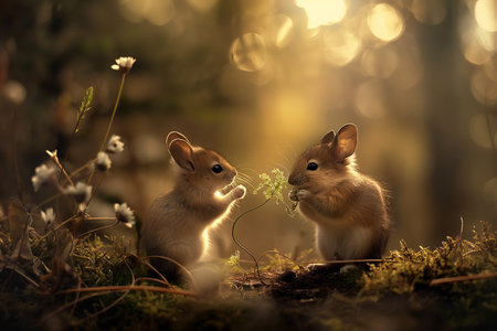 Two whimsical mice enjoying a snack in a magical forest setting with glowing lightの素材