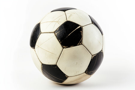 A worn-out classic black and white soccer ball, symbolizing sports history and nostalgiaの素材