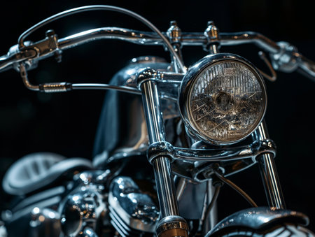 Close-up view of a motorcycle headlamp and handlebars showcasing reflective chrome details.の素材