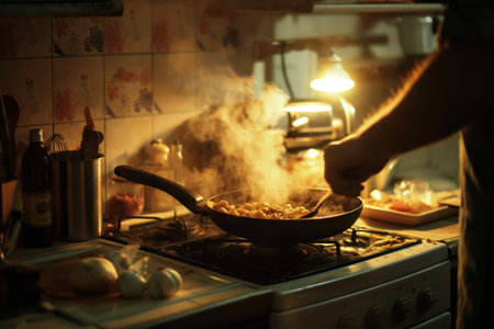 Delicious aromas rise from the pan as a person cooks in the warm light of a cozy kitchenの素材