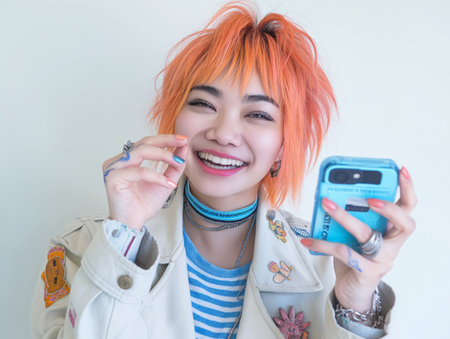 A trendy young woman with orange hair smiles brightly during a selfie with her phone.の素材