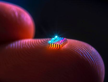 Close-up of a glowing microchip on a human fingertip, symbolizing technology integration with humanity.の素材