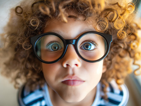 Close-up of a young child with curly hair wearing large, black glasses, expressing curiosity and surprise.の素材