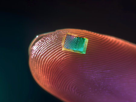 Close-up of a microchip on a textured fingerprint pattern, symbolizing digital security and identity technology.の素材