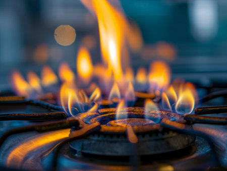 Close-up of blue and orange flames on a gas stove burner reflecting heat and energy.の素材