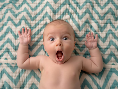 Top view of an adorable, wide-eyed baby with an open mouth, looking surprised on a zigzag-patterned background.の素材