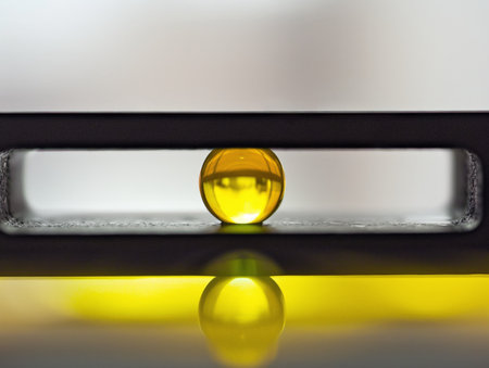 A perfectly centered amber-colored sphere balanced on a reflective surface creates a symmetrical composition framed by a level tool.の素材