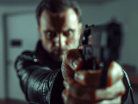 Intense image of a man in leather jacket aiming a handgun directly at camera, with the gun in sharp focus.の素材