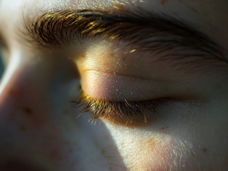 Macro shot of closed eyelid and lashes with natural light reflecting.の素材