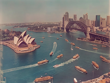 Aerial view of a bustling harbor scene featuring famous opera house and bridge, boats on water.の素材