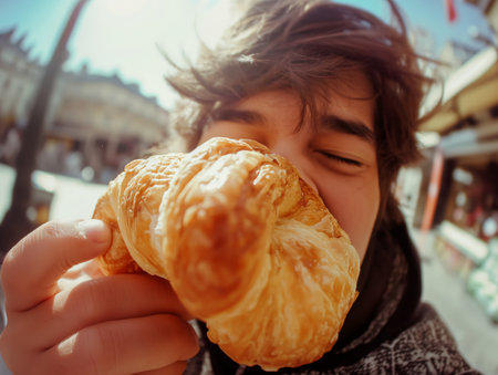 Close-up of a person biting into a flaky croissant, embodying the joy of simple pleasures.の素材
