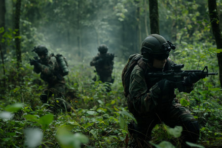 Soldiers in camouflage gear moving tactically through a misty, lush forest showcasing themes of teamwork, strategy, and vigilanceの素材
