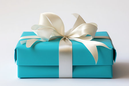 A turquoise gift box tied with a luxurious cream satin ribbon on a clean white backgroundの素材