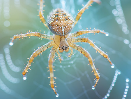 A close-up of a spider with morning dew on its body, suspended on a delicate web.の素材