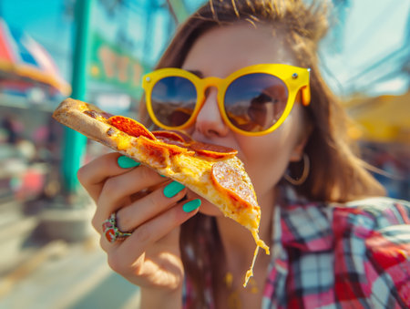 Close-up of a woman in yellow sunglasses biting a cheesy slice of pizza, vibrant summer vibesの素材