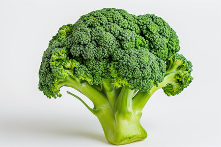 Vivid green broccoli with detailed florets and stem, isolated against a white backdrop, symbolizing healthy eating and nutritionの素材