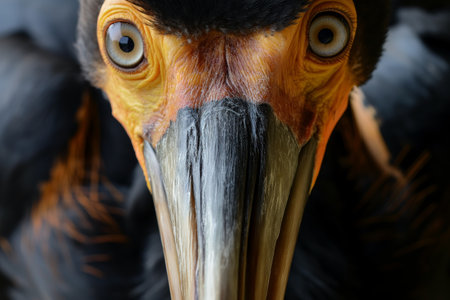 Close-up of a bird with striking eyes conveying intensity and focusの素材