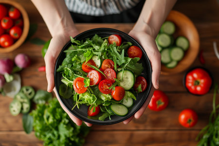 Person holding a bowl with a freshly made saladの素材