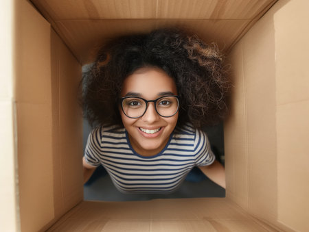 A happy young woman with curly hair looking into a cardboard box, expressing excitement and curiosity.の素材