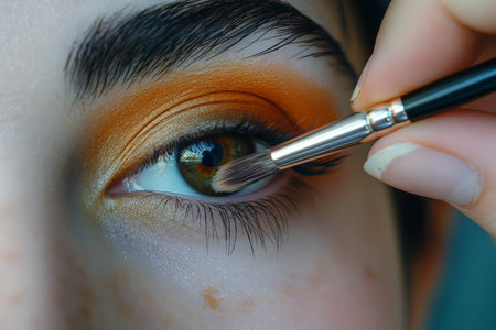 Close-up view of eye makeup being applied with a brush, highlighting the beauty of the blue eye and orange eyeshadowの素材