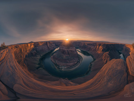 Panoramic view of Horseshoe Bend during sunset, highlighting the curving river and dramatic rock formations.の素材