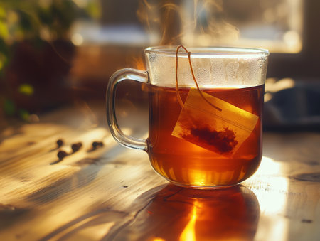 A cozy cup of tea with steam rising in warm sunlight creating a tranquil morning atmosphere.の素材