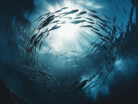 A school of fish creates a mesmerizing spiral pattern against the sunlit ocean surface.の素材