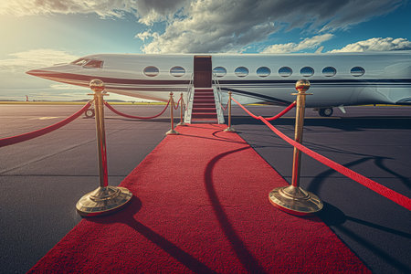 Red carpet leading to a private jet, symbolizing exclusive travel and high statusの素材