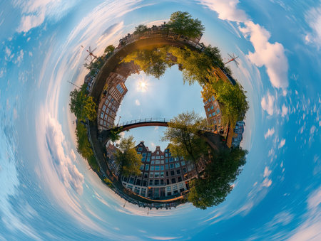 Panoramic view of a city wrapped into a circle with blue skies and a setting sun creating a tiny planet effect.の素材