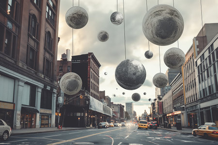 Surreal city scene with oversized spheres hovering above the street, blending fantasy with urban realityの素材