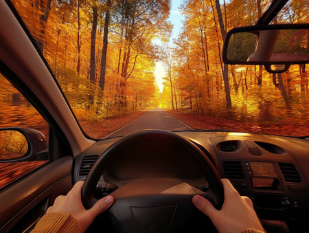 A drivers perspective of an autumnal forest road bathed in warm sunlight.の素材