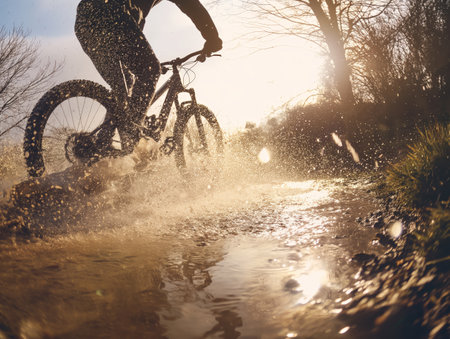 A mountain biker races through a muddy puddle, water splashing around, with a warm sunset backlighting the dynamic action.の素材