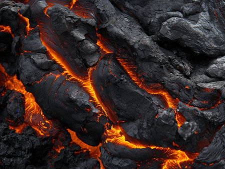 Close-up of glowing lava between cracks of cooling volcanic rock.の素材