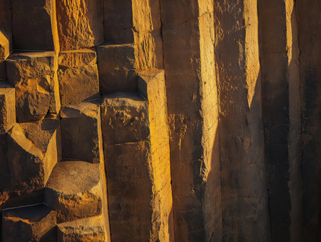 Golden hour lighting casts a warm glow on a textured rock face, highlighting natures geometry.の素材