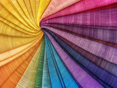 Fan-arranged multicolored fabric creating a vibrant spectrum, symbolizing diversity and creativity.の素材