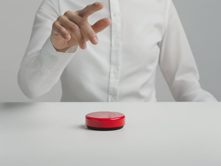 Person reaching out to press a red button, a metaphor for initiating action or making a crucial decision.の素材
