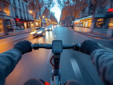 First-person view cycling through city street at dusk, motion blur enhancing speed and dynamic.の素材