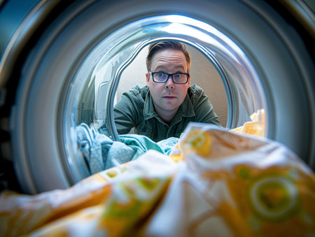 A view from inside a washing machine looking out at a man loading laundry.の素材