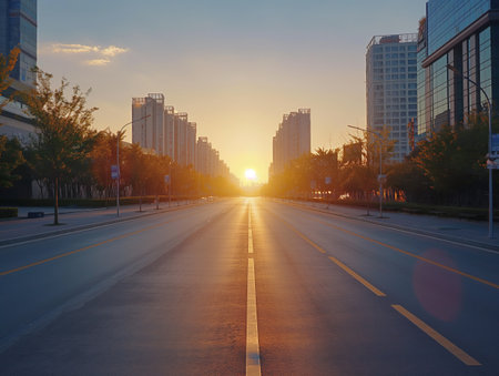 Empty city street at sunrise with glowing sun and modern buildings.の素材