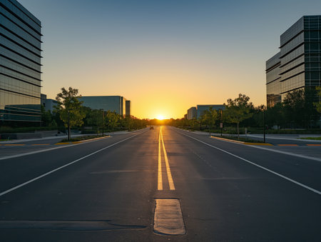 Empty city street at sunrise with sunlight between modern office buildings.の素材