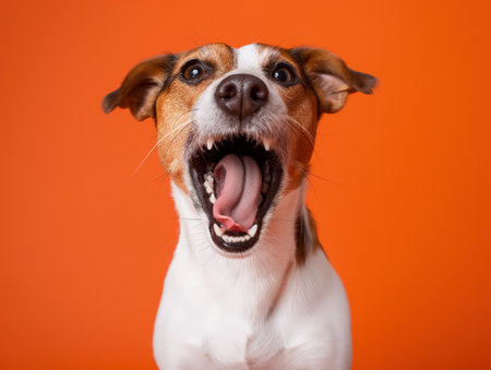 Close-up of an excited Jack Russell Terrier with mouth open against a vibrant orange backdrop.の素材