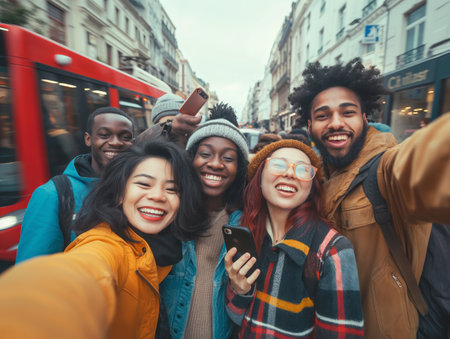 Group of cheerful diverse friends taking a selfie on a busy city street, showcasing friendship and diversity.の素材