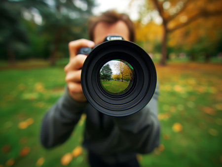 A photographers camera lens focused, revealing a crisp autumn park scene within, set against a blurred background.の素材